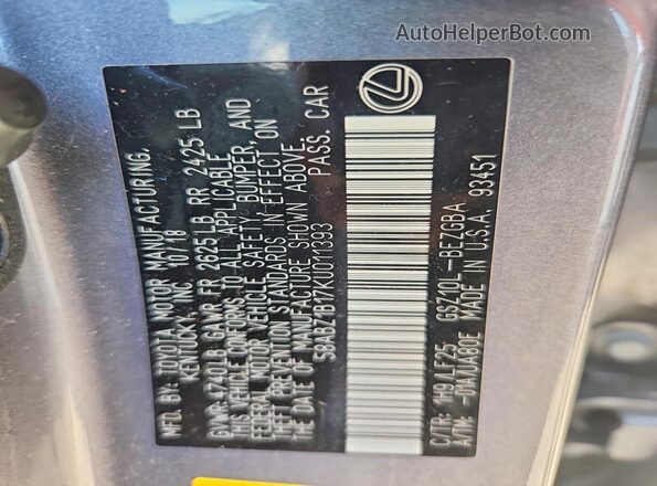 58ABZ1B17KU011393 2019 LEXUS ES Gray Vista del compartimento del motor