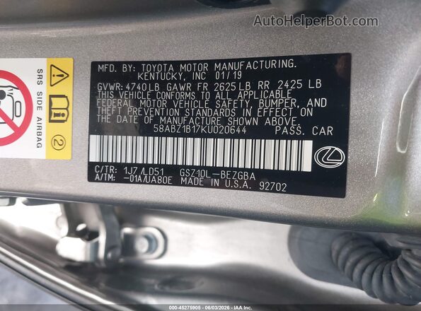 58ABZ1B17KU020644 2019 LEXUS ES 350 Champagne Engine compartment view
