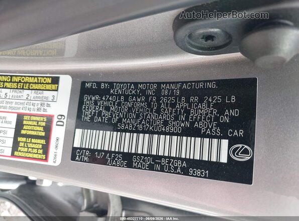 58ABZ1B17KU048900 2019 LEXUS ES 350 Gray Widok komory silnika