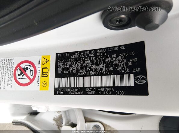 58ABZ1B19KU002873 2019 LEXUS ES 350 White Widok komory silnika