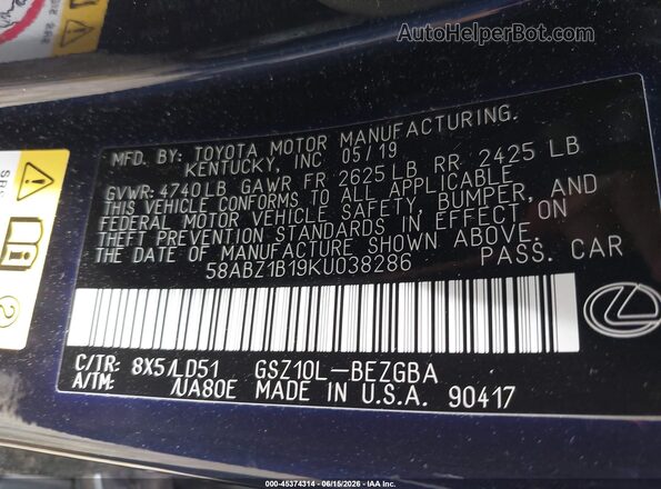 58ABZ1B19KU038286 2019 LEXUS ES 350 Black Vista del compartimento del motor