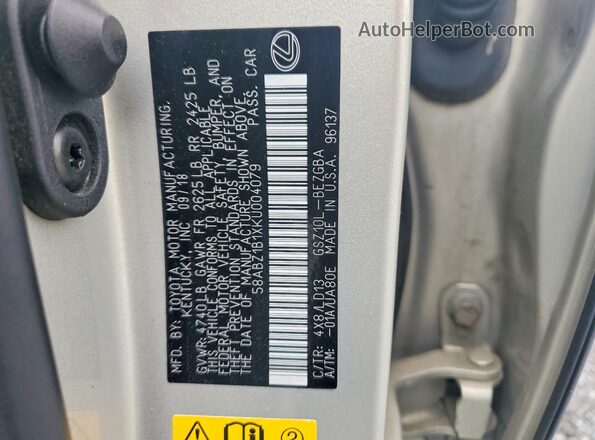 58ABZ1B1XKU004079 2019 LEXUS ES Gold Вид підкапотного простору