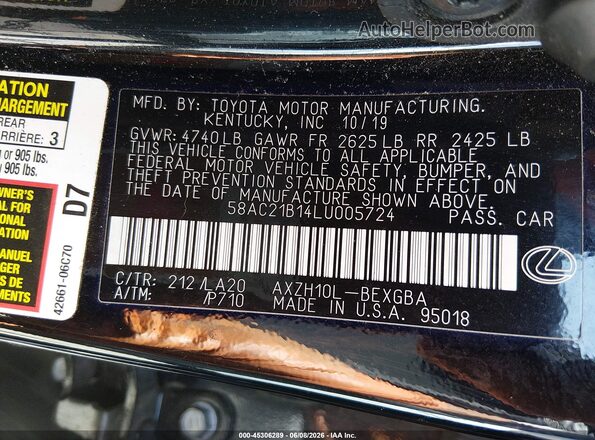 58AC21B14LU005724 2020 LEXUS ES 300H Black Вид підкапотного простору