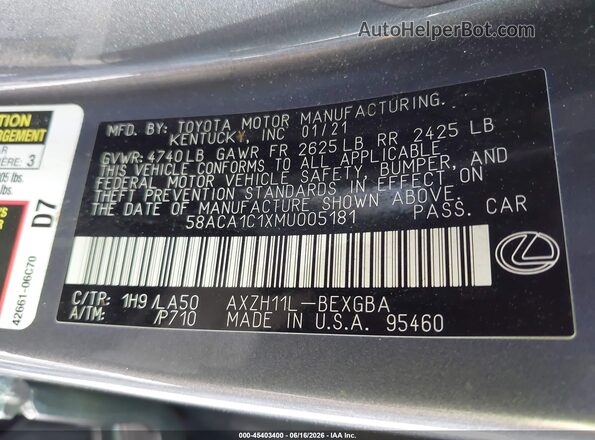 58ACA1C1XMU005181 2021 LEXUS ES 300H Серый Вид подкапотного пространства