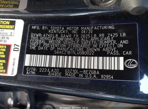 58ACZ1B11LU080022 2020 LEXUS ES 350 Black Engine compartment view