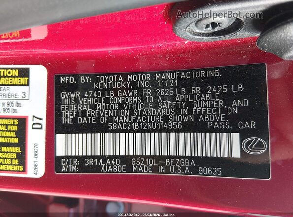 58ACZ1B12NU114956 2022 LEXUS ES 350 Red Engine compartment view