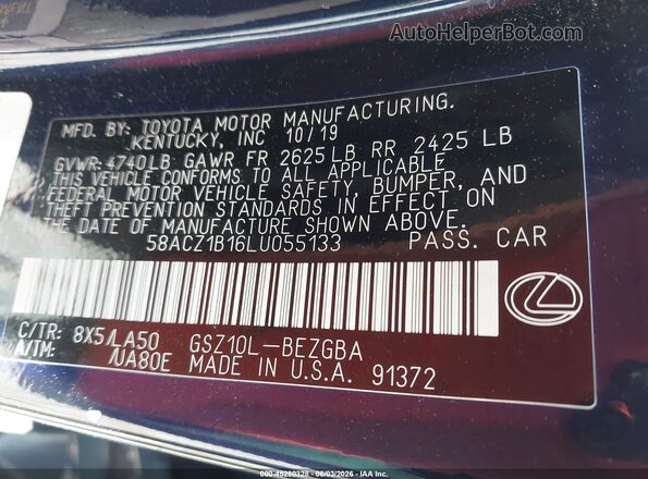 58ACZ1B16LU055133 2020 LEXUS ES 350 Dark Blue ძრავის განყოფილების ხედი