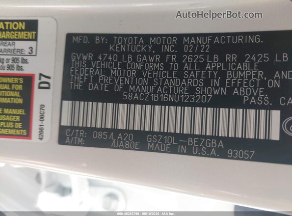 58ACZ1B16NU123207 2022 LEXUS ES 350 White Շարժիչի բաժամունքի տեսք