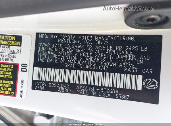 58AD11D10NU010247 2022 LEXUS ES 250 White Engine compartment view