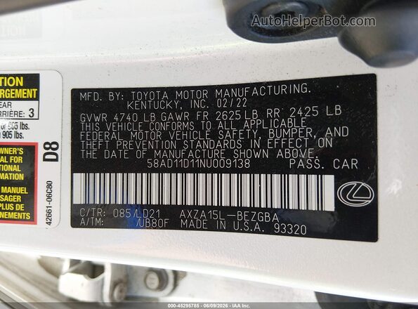 58AD11D11NU009138 2022 LEXUS ES 250 White Շարժիչի բաժամունքի տեսք