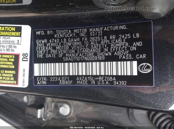 58AD11D17NU009189 2022 LEXUS ES 250 Черный Вид подкапотного пространства