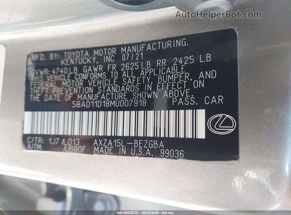 58AD11D18MU007918 2021 LEXUS ES 250 Gray Engine compartment view
