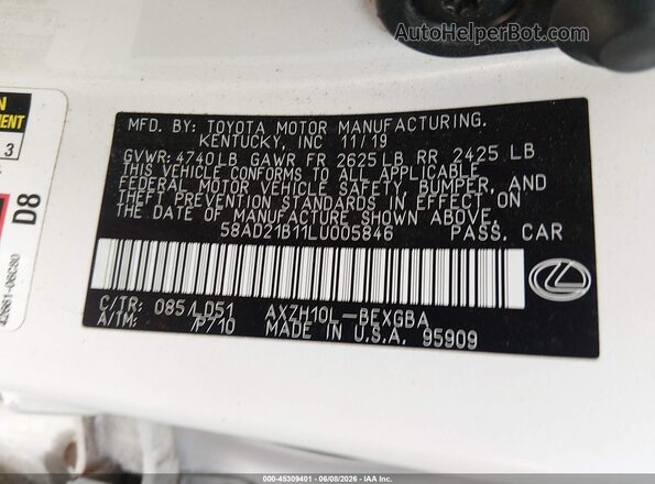58AD21B11LU005846 2020 LEXUS ES 300H White ძრავის განყოფილების ხედი