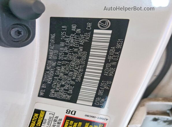 58AD21B11LU010609 2020 LEXUS ES White VIN sticker view