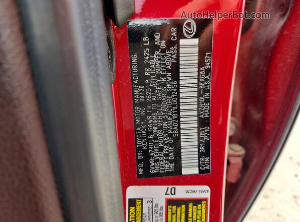 58AD21B11LU012456 2020 LEXUS ES Red VIN կոդի պիտակի տեսք