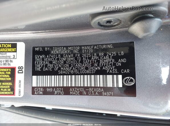 58AD21B15LU008037 2020 LEXUS ES 300H Gray Engine compartment view