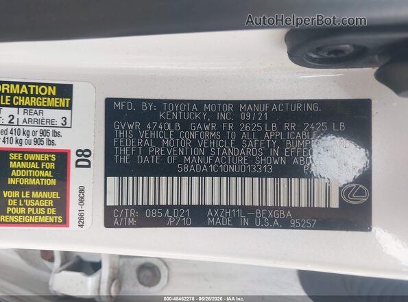 58ADA1C10NU013313 2022 LEXUS ES 300H White Vista del compartimento del motor