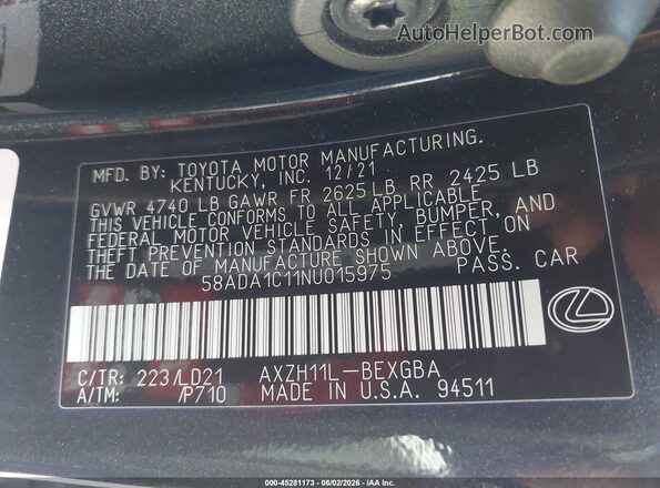 58ADA1C11NU015975 2022 LEXUS ES 300H Black 