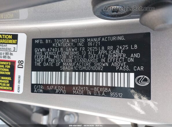58ADA1C15MU010082 2021 LEXUS ES 300H Gray Շարժիչի բաժամունքի տեսք