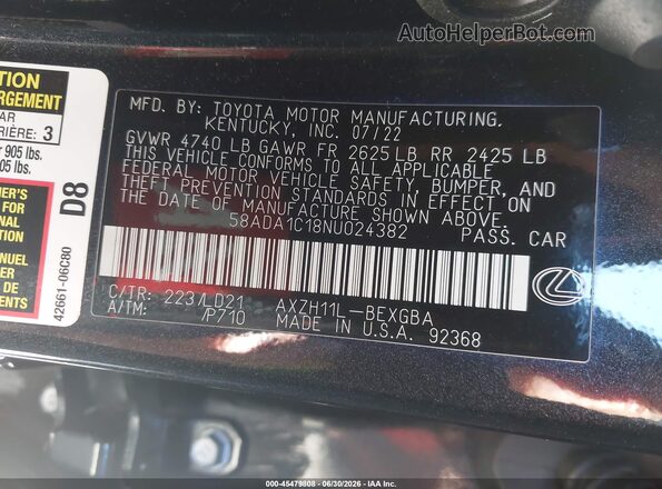 58ADA1C18NU024382 2022 LEXUS ES 300H Black Engine compartment view