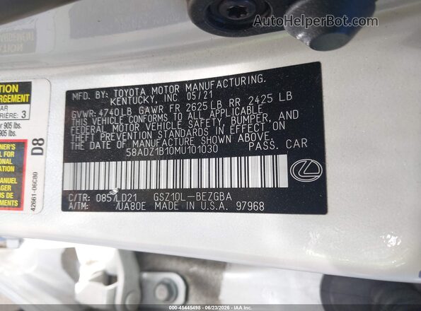 58ADZ1B10MU101030 2021 LEXUS ES 350 White Շարժիչի բաժամունքի տեսք