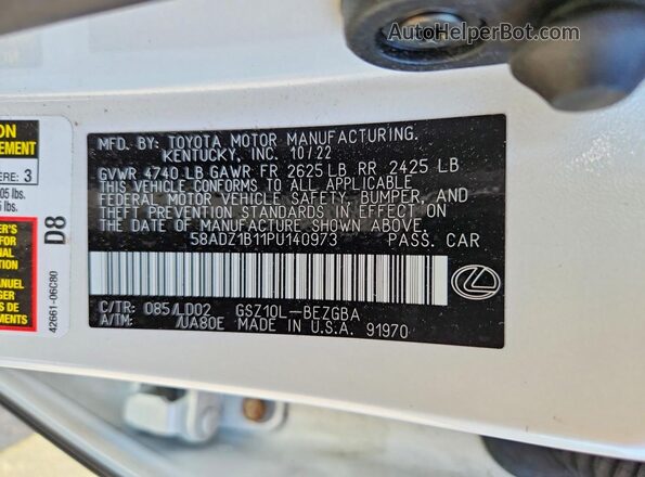 58ADZ1B11PU140973 2023 LEXUS ES White Widok naklejki z numerem VIN