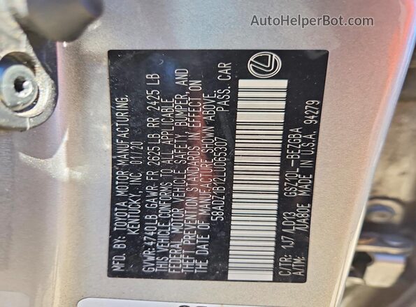 58ADZ1B12LU065307 2020 LEXUS ES Silver VIN կոդի պիտակի տեսք