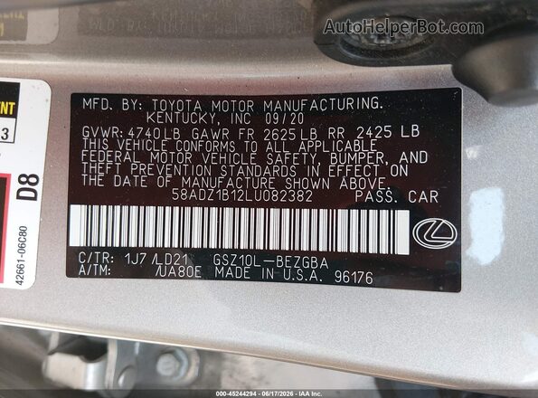 58ADZ1B12LU082382 2020 LEXUS ES 350 Beige Շարժիչի բաժամունքի տեսք