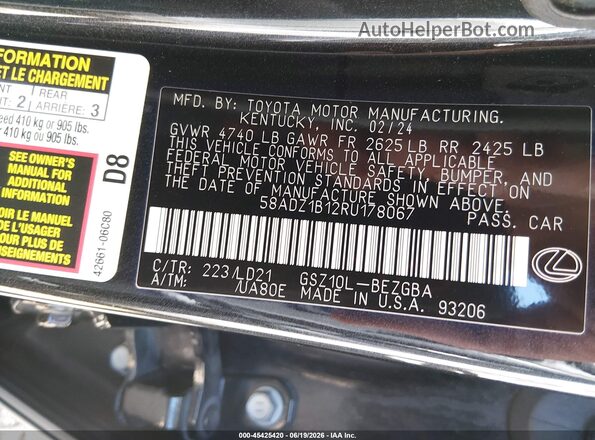 58ADZ1B12RU178067 2024 LEXUS ES 350 Черный Вид подкапотного пространства