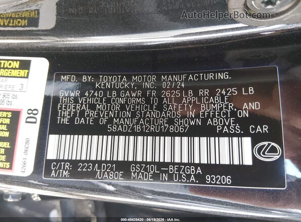58ADZ1B12RU178067 2024 LEXUS ES 350 Черный Вид панели приборов