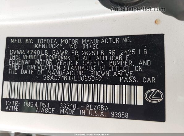 58ADZ1B13LU065042 2020 LEXUS ES 350 White Widok komory silnika