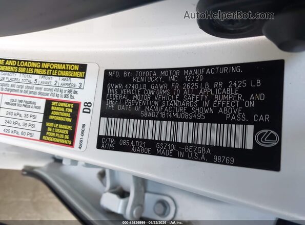 58ADZ1B14MU089495 2021 LEXUS ES 350 White Vista del compartimento del motor