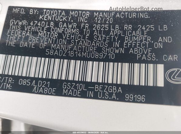 58ADZ1B14MU089710 2021 LEXUS ES 350 White 