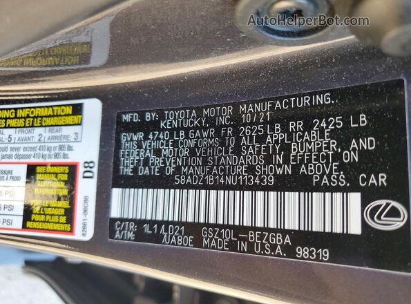 58ADZ1B14NU113439 2022 LEXUS ES Gray VIN sticker view