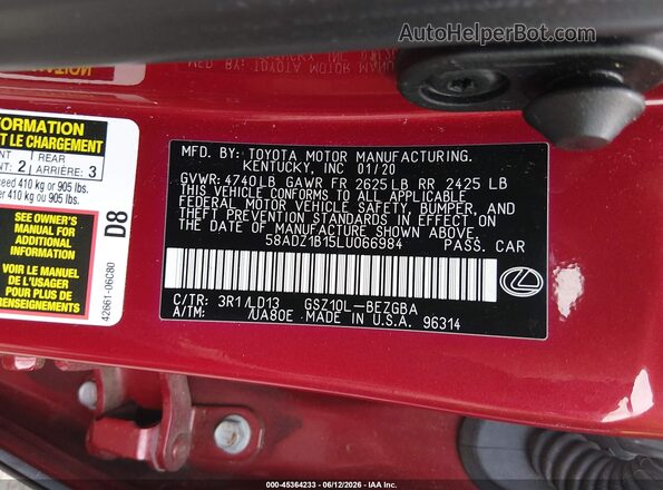 58ADZ1B15LU066984 2020 LEXUS ES 350 Red Vista del compartimento del motor