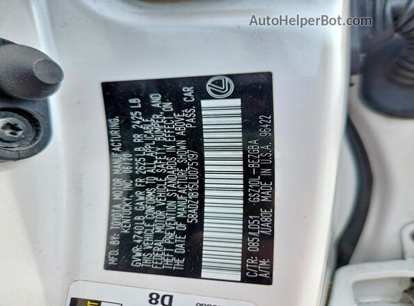 58ADZ1B15LU075197 2020 LEXUS ES White Vista del compartimento del motor