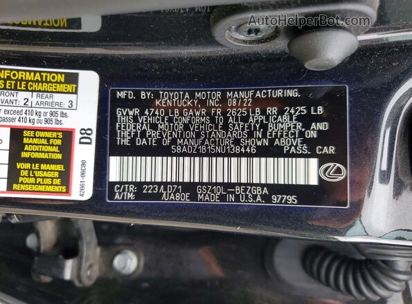 58ADZ1B15NU138446 2022 LEXUS ES Black Շարժիչի բաժամունքի տեսք