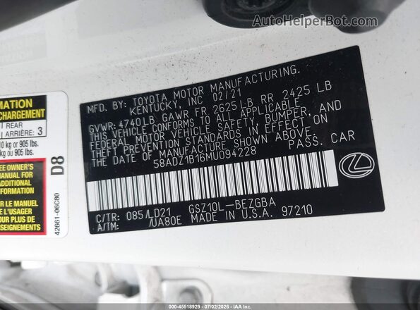 58ADZ1B16MU094228 2021 LEXUS ES 350 Белый Вид подкапотного пространства