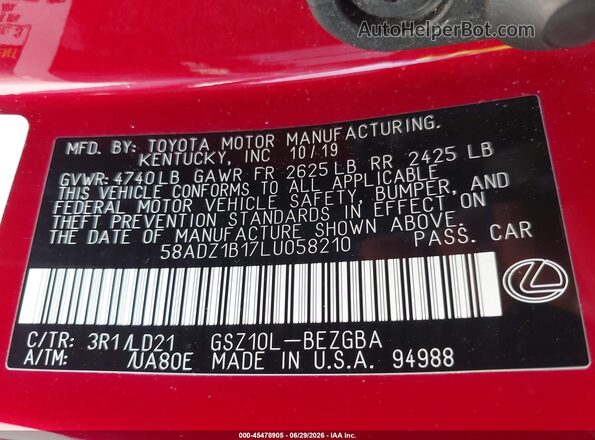 58ADZ1B17LU058210 2020 LEXUS ES 350 Red Вид підкапотного простору