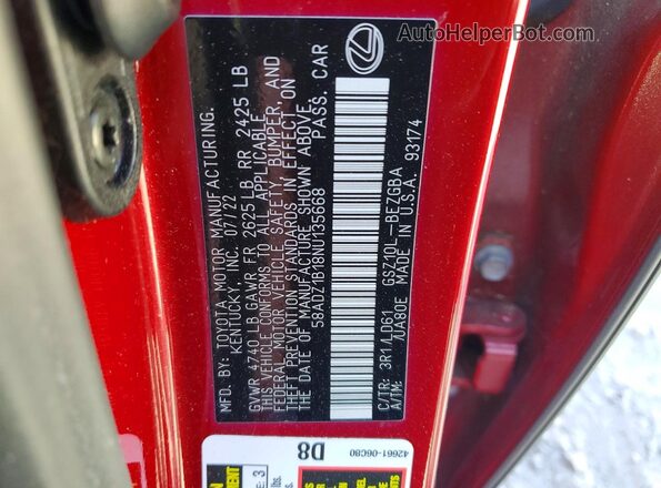 58ADZ1B18NU135668 2022 LEXUS ES Red VIN կոդի պիտակի տեսք