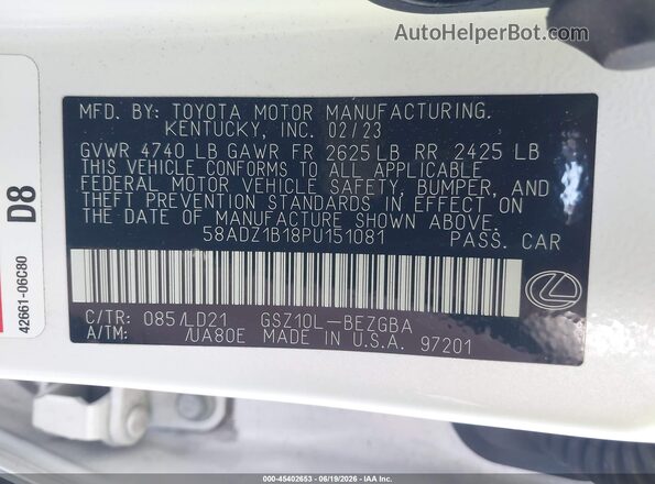58ADZ1B18PU151081 2023 LEXUS ES 350 White Vista del compartimento del motor