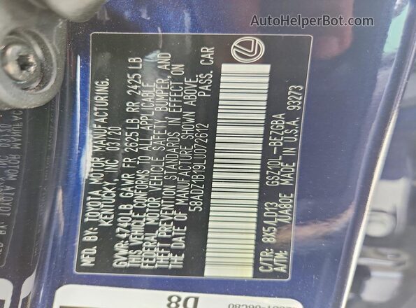 58ADZ1B19LU072612 2020 LEXUS ES Blue Вид наклейки з VIN-кодом