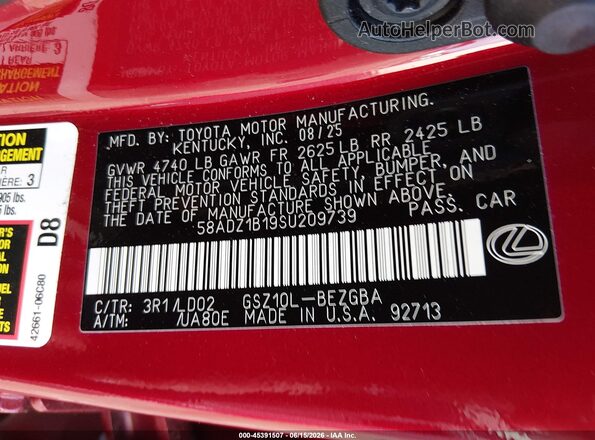 58ADZ1B19SU209739 2025 LEXUS ES 350 Red Вид підкапотного простору
