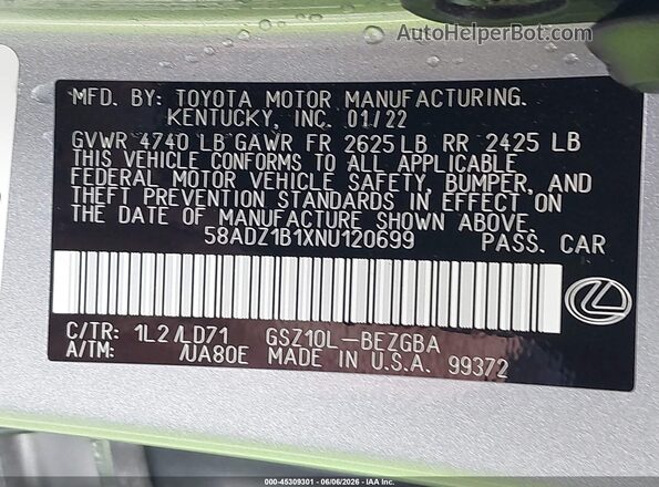 58ADZ1B1XNU120699 2022 LEXUS ES 350 Silver Vista del compartimento del motor