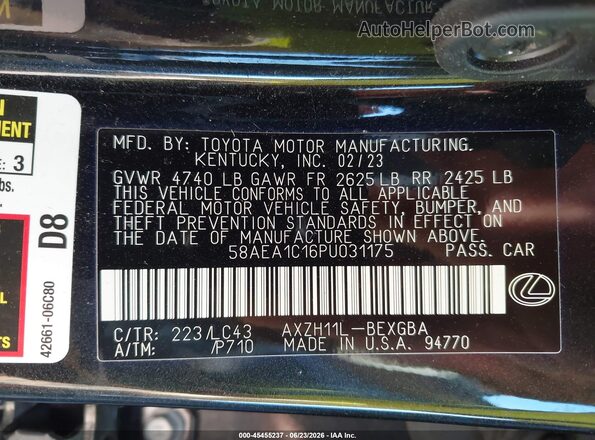 58AEA1C16PU031175 2023 LEXUS ES 300H Черный Вид подкапотного пространства