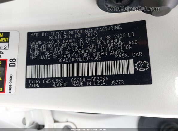 58AEZ1B11LU074665 2020 LEXUS ES 350 White Vista del compartimento del motor