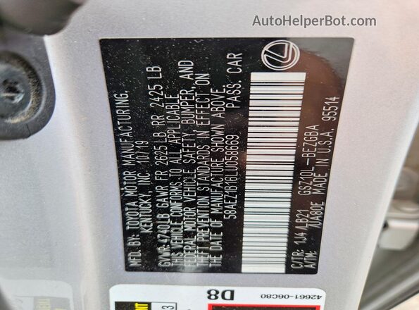 58AEZ1B16LU058669 2020 LEXUS ES Silver Widok naklejki z numerem VIN