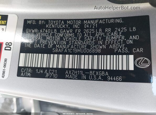 58AFA1C19MU006898 2021 LEXUS ES 300H Silver Vista del compartimento del motor