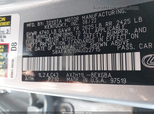 58AFA1C19NU022715 2022 LEXUS ES 300H Light Blue Vista del compartimento del motor