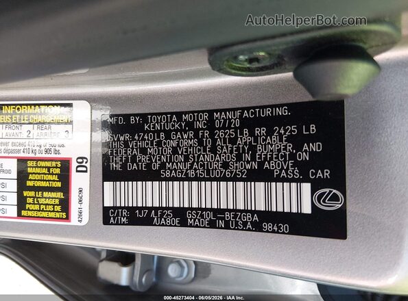 58AGZ1B15LU076752 2020 LEXUS ES 350 Silver Շարժիչի բաժամունքի տեսք